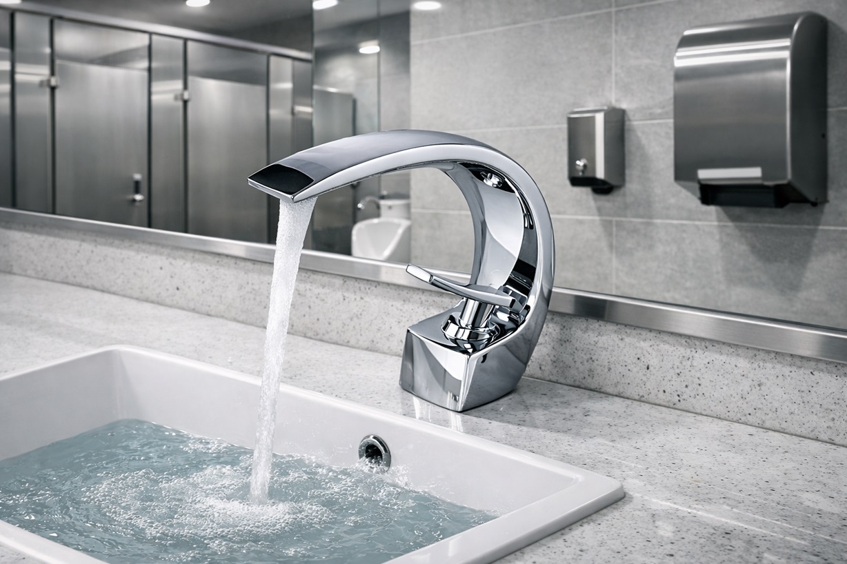 Chrome waterfall bathroom sink faucet with single handle in a contemporary bathroom